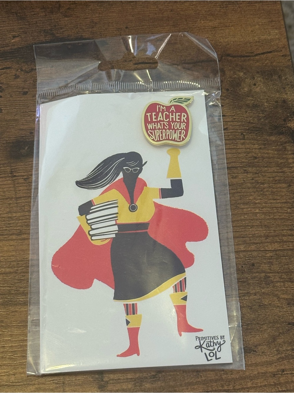 Primitives by Kathy Teacher Superhero Enamel Pin - Red, Yellow, Black